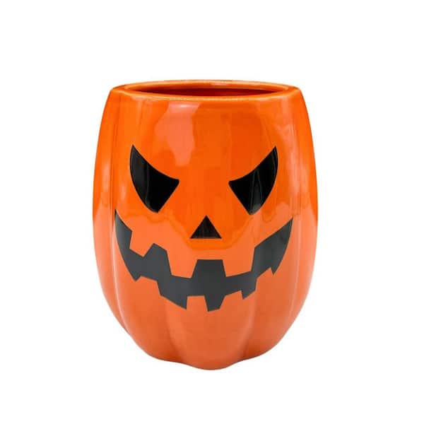 6.3 in. Halloween Pumpkin Ceramic Utensil Holder, Orange Rustic Farmhouse Utensils Crock for Kitchen Decorations