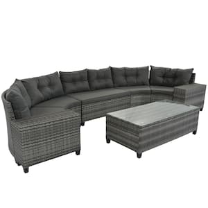 8-pieces Wicker Round Outdoor Sectional Set with Rectangular Coffee Table and Movable Gray Cushion