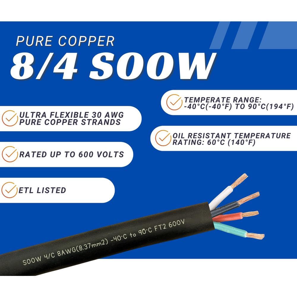 10 Feet Black 8 Gauge 4 Conductor SOOW Cable