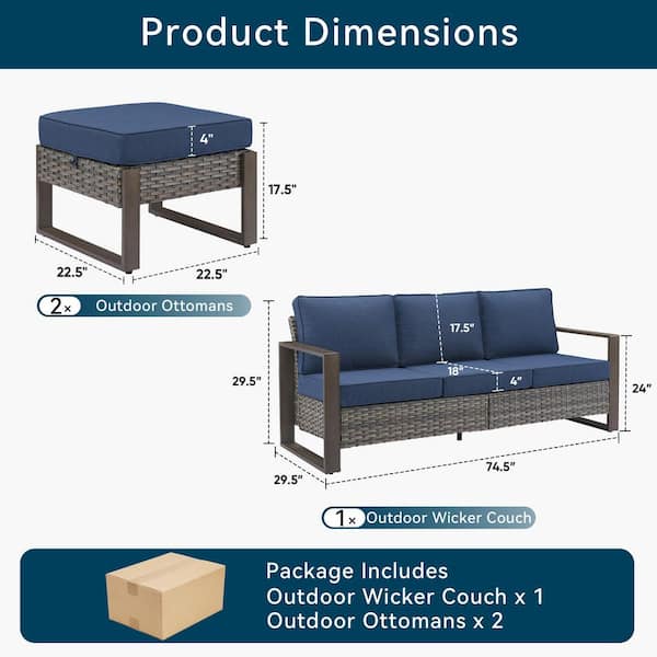 Kove Gray 3-Piece Wicker Outdoor Seactional Set Patio Couch with Matching Ottmans and Blue Cushions for Backyard