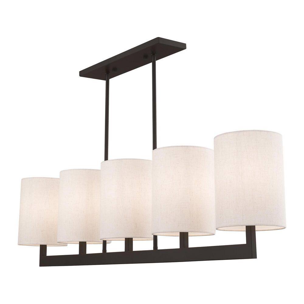 Elegant Bronze Drum 5-Light Linear Chandelier with Oatmeal Shade