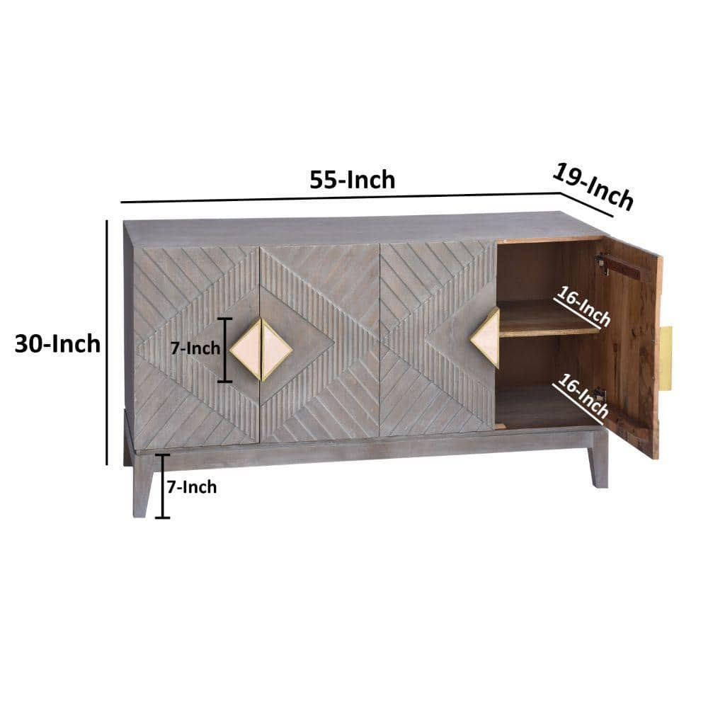 Abiel 55 Inch Gray Mango Wood Sideboard with Diamond Carving