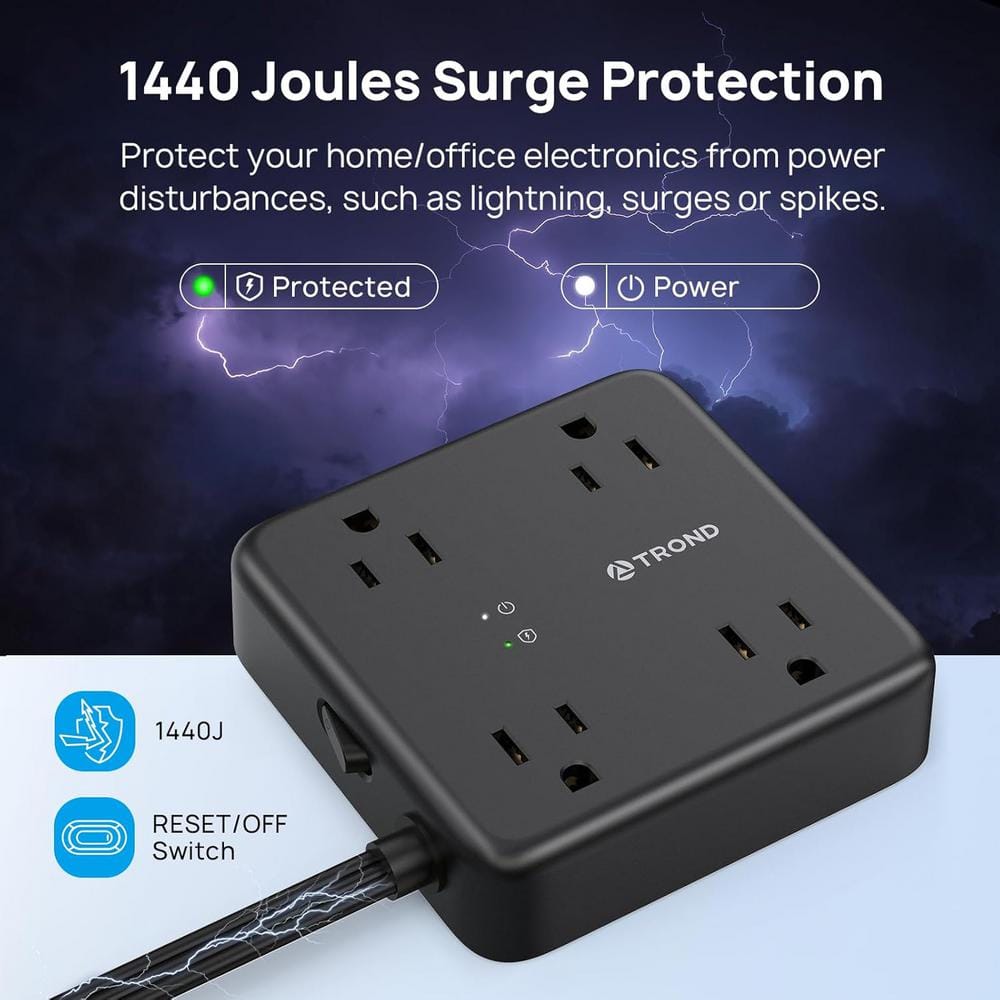 Black 4-Outlet Power Strip with USB-A and USB-C Ports