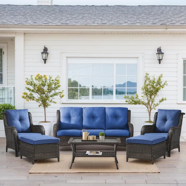Carlos 6-Piece All-Weather Brown Wicker Patio Conversation Set with Armchairs, CushionGuard Blue Cushions and Ottomans