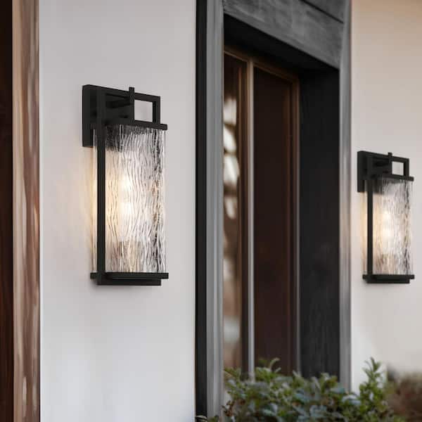 Modern Black Outdoor Wall Lantern Sconce with Textured Seeded Glass Shade Gold 1-Light Porch Patio Decorative Lighting