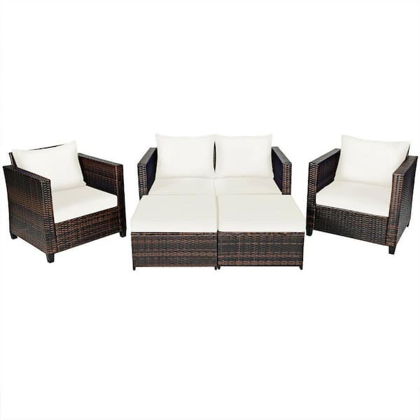 ANGELES HOME 5-Piece Wicker Patio Conversation Set with White Cushions