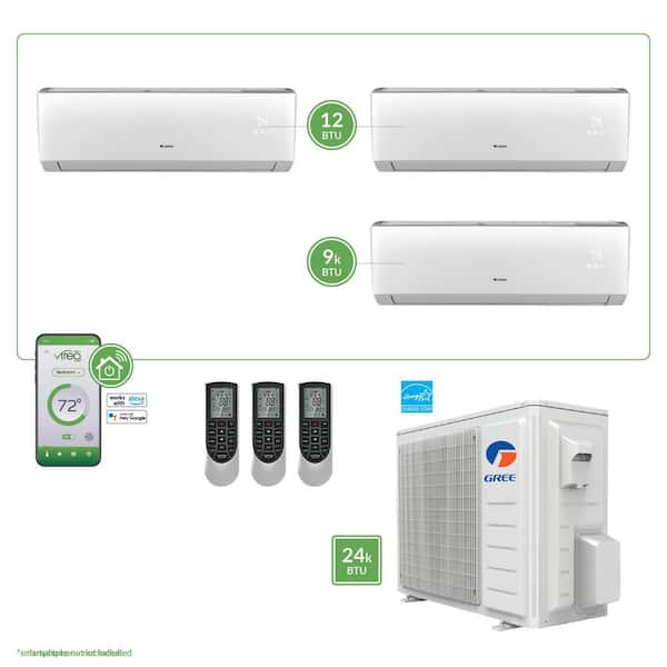GREE Gen3 Smart Home Triple-Zone 24,000 BTU 2 Ton Ductless Mini Split Air Conditioner with Heat, Inverter, Remote 230-Volt