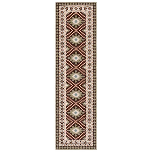SAFAVIEH Veranda Brown/Terracotta 2 ft. x 8 ft. Aztec Geometric Indoor/Outdoor Runner Rug
