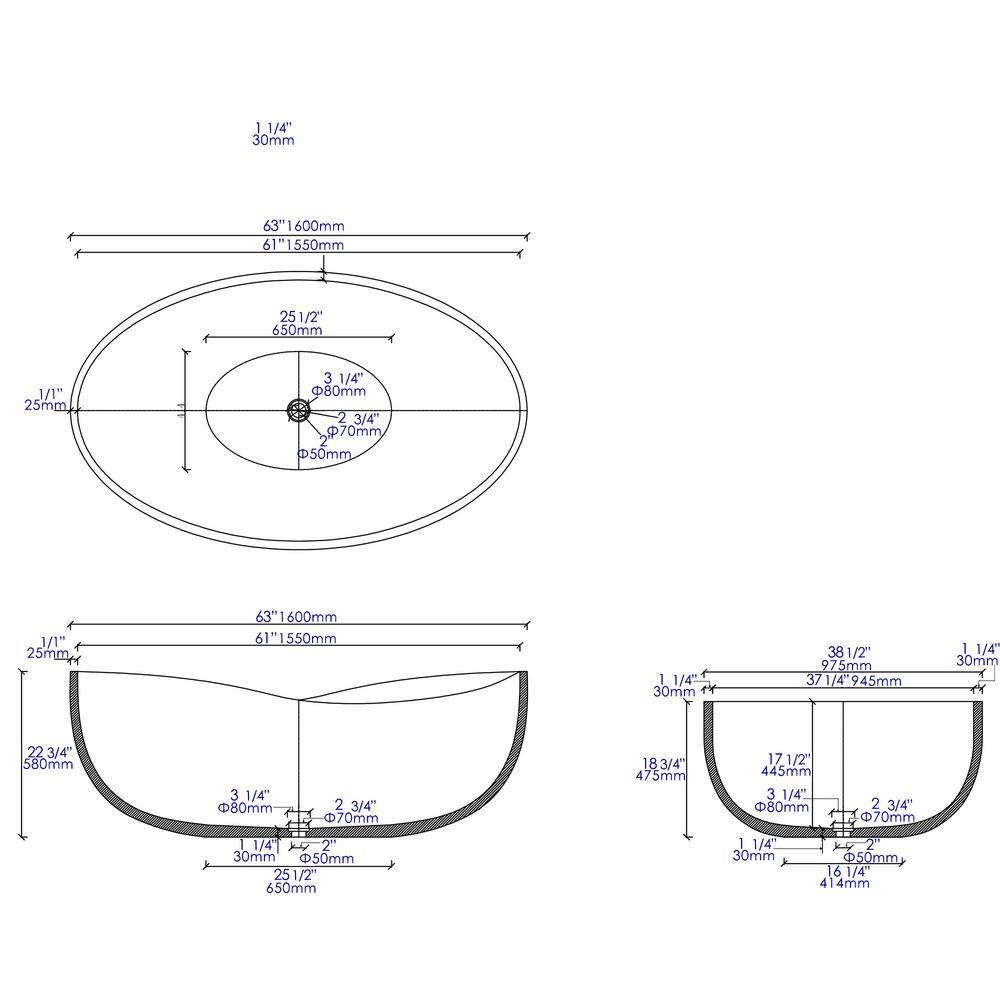 Gray Matte 63'' Freestanding Solid Concrete Oval Bathtub