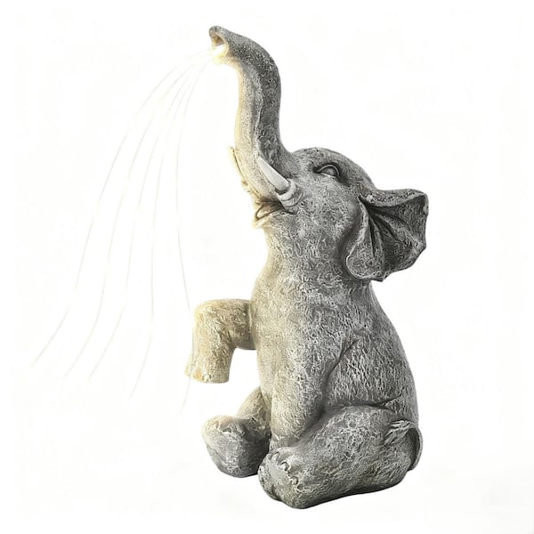 10.6 in. Resin Watering Elephant Statues Solar Garden Decor for Balcony, Garden, Patio, Yard, Lawn, Gray