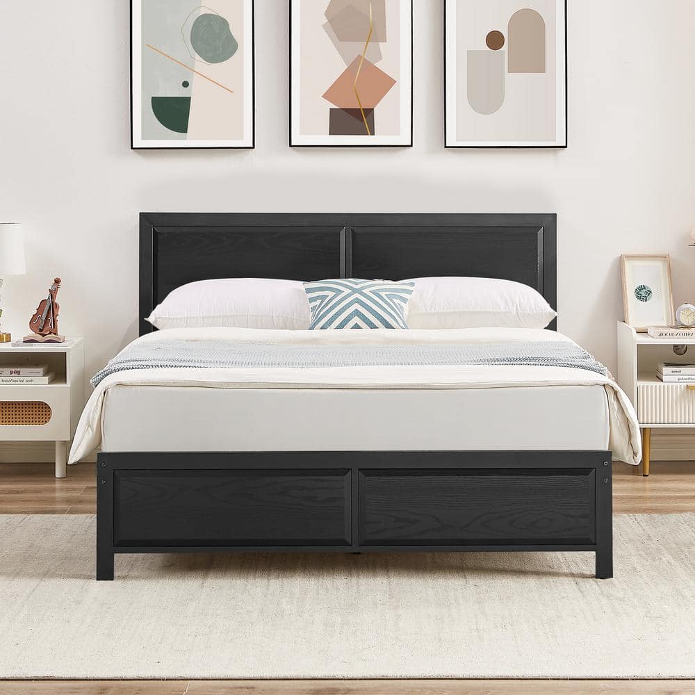 Metal Bed Frame Black Metal Frame Full Size Platform Bed with Rustic Country Style Wooden Headboard and Footboard - thumbnail 6
