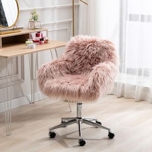 Pink Faux Fur Fluffy Task Chair Home Office Chair Makeup Vanity Chair for Girls Adjustable Height Swivel with Arms