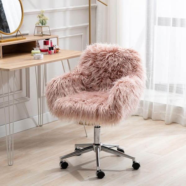 Pink Faux Fur Fluffy Task Chair Home Office Chair Makeup Vanity Chair for Girls Adjustable Height Swivel with Arms
