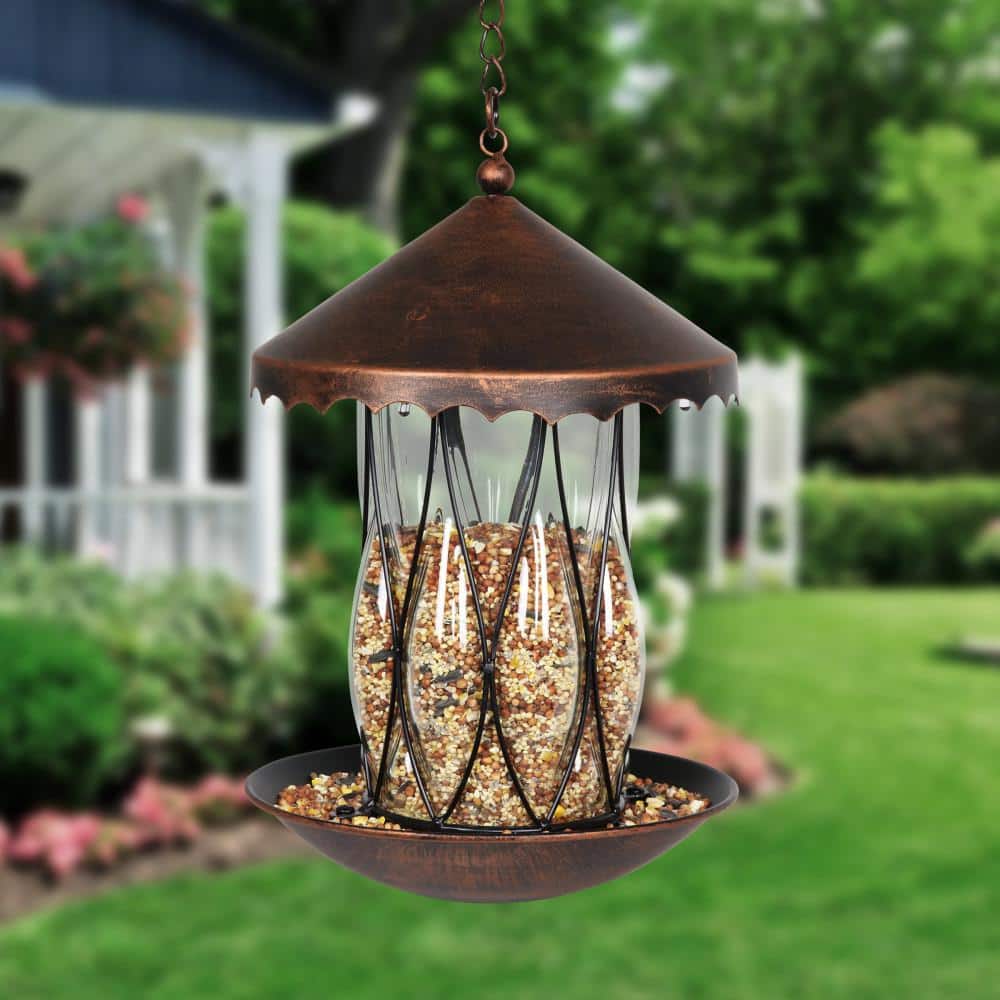 Solar Bronze Hanging Bird Feeder with Diamond Glass Pattern