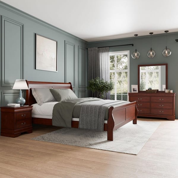 Furniture of America 4-Piece Burkhart Cherry Wood King Bedroom Set with Nightstand and Dresser/Mirror
