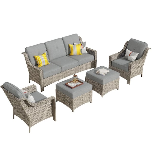 Eureka Grey 5-Piece Wicker Modern Outdoor Patio Conversation Sofa Seating Set with Dark Grey Cushions