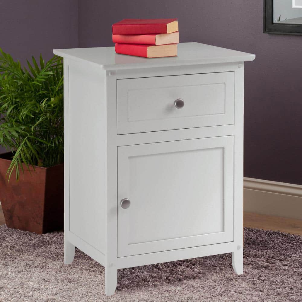 Eugene Transitional White Wood Nightstand with Drawer and Cabinet