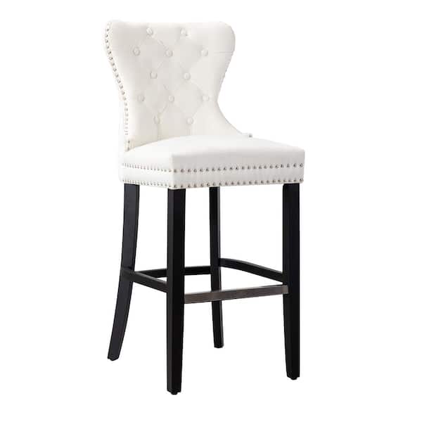 WESTINFURNITURE Harper 29 in. High Back Nail Head Trim Button Tufted Cream Velvet Bar Stool with Solid Wood Frame in Black