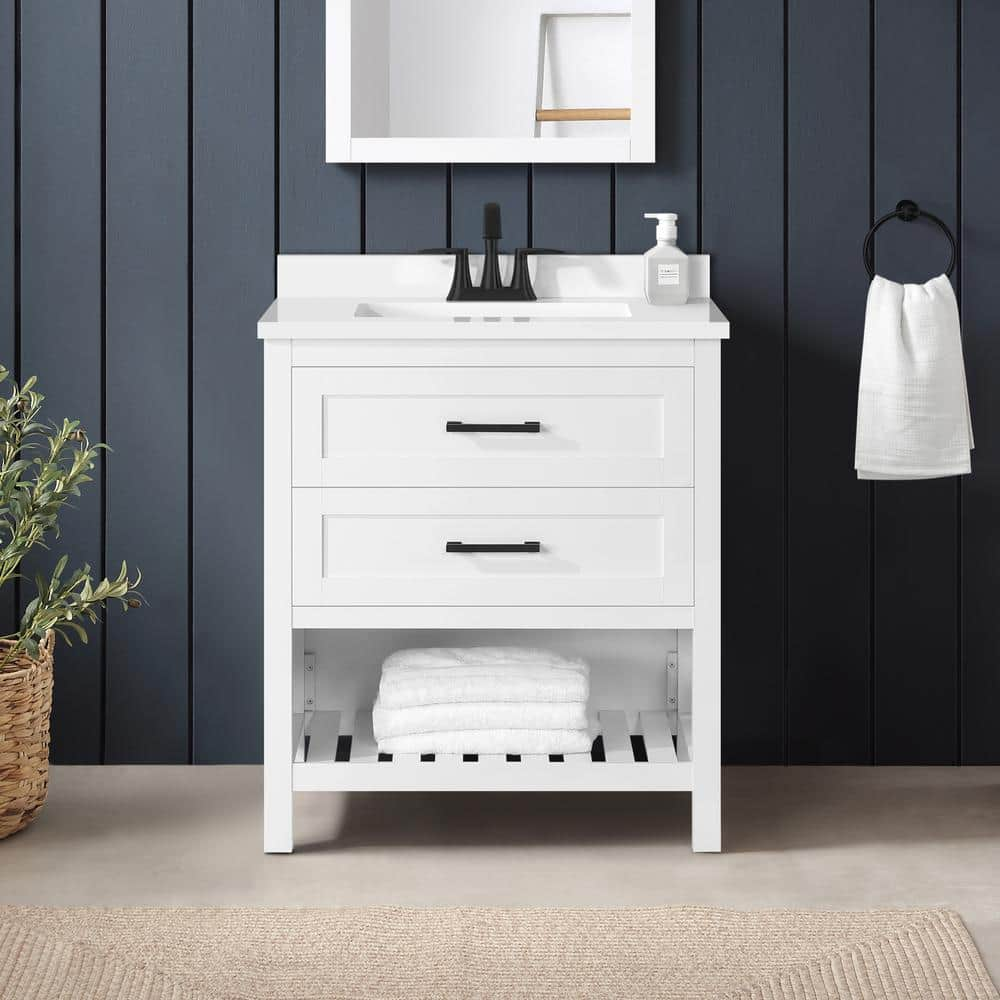 Home Decorators Collection Autumn 30 in. W x 19 in. D x 34.5 in. H Single Sink Bath Vanity in White with White Engineered Stone Top