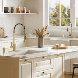 Single Handle Pull Down Sprayer Kitchen Faucet with Soap Dispenser and Flexible Hose in Gold