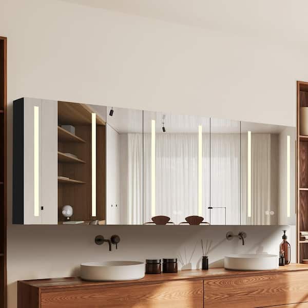 80 in. W x 30 in. H Rectangular Black Aluminum Surface Mount Defogger Bathroom Medicine Cabinet with Mirror & LED Lights
