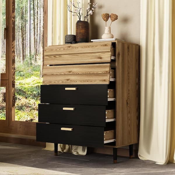 FUFU&GAGA Burly Wood Color and Black 43.3 in. Height Wooden Taller Storage Cabinet, Storage Chest of Drawers with 5 Drawers