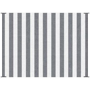 9' x 12' Reversible Outdoor Rug, Waterproof Plastic Straw Floor Mat, Portable RV Camping Carpet in Gray & White Striped