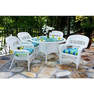 Portside 5-Piece White Wicker Outdoor Dining Set with Eastbay Pompeii Cushions (Wicker Chair and Dining Table Bundle)