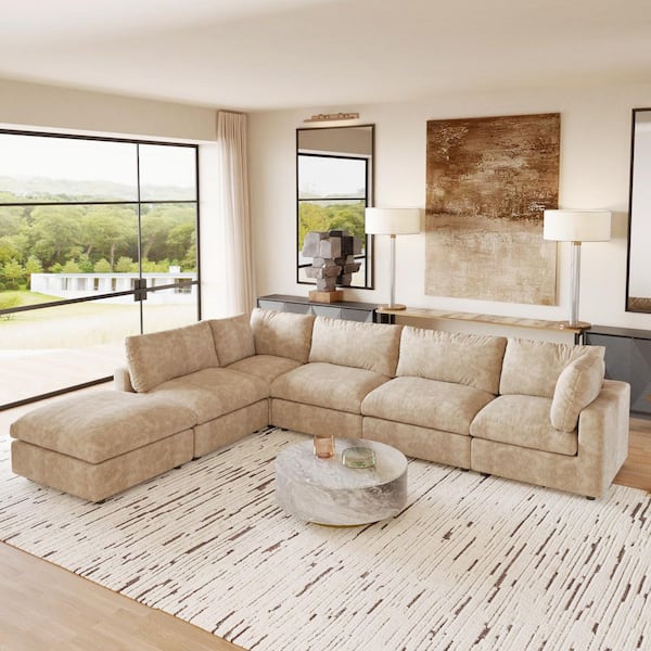 Sofa Covers Washable, 134 in. Square Arm Chenille Laswon Modular Sofa with Ottoman, Solid Pine Wood Frame in Khaki