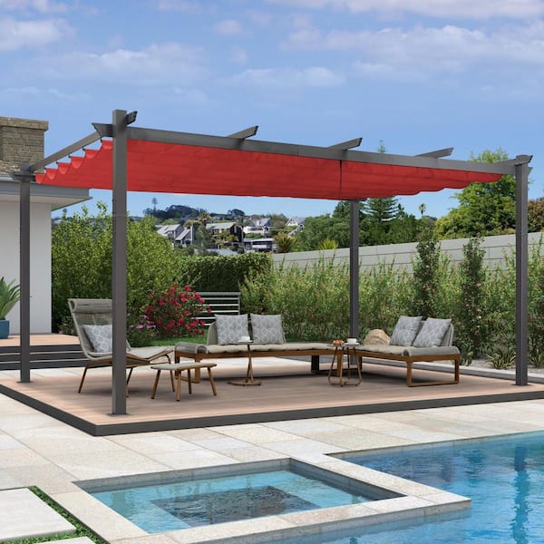 12 ft. W x 16 ft. D Modern Gray Aluminum Pergola with Red Adjustable UV Resistant Sun Shelter Canopy for Garden Deck