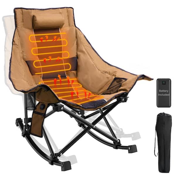 Khaki Oversized Heated Rocking Camping Chair, Portable Folding Heated Chairs Outdoor Sports with Power Bank