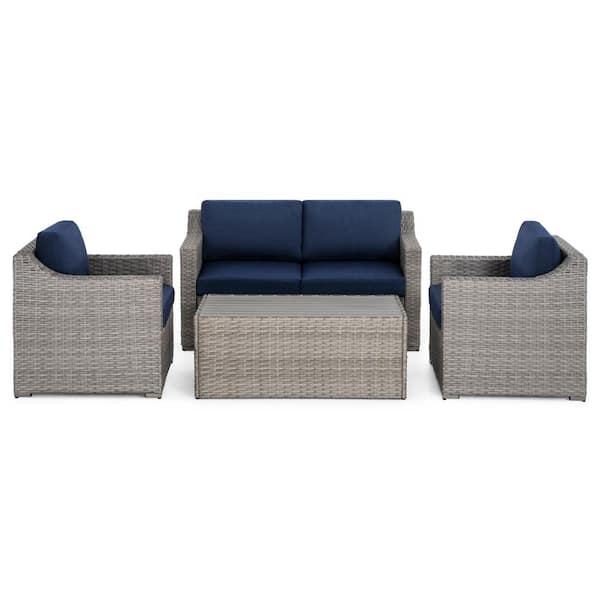 ChillPavilion 4-Piece Wicker Patio Conversation Set with Blue Cushions