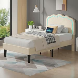 Upholstered Bed Beige Metal Frame Twin Platform Bed with Adjustable Charging Station Headboard and LED Lights Bed Frame