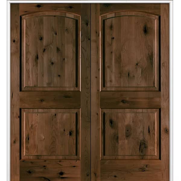 60 in. x 80 in. Rustic 2-Panel Arch Top Universal Espresso Stain Knotty Alder Wood Double Prehung Interior Door
