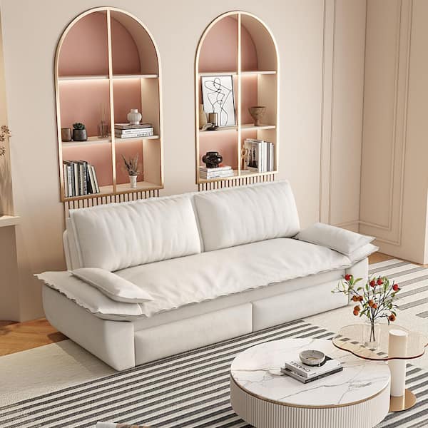SBAN 73 in. Cloud White Velvet 2-Seat Convertible Queen Size Sofa Bed with Adjustable Sleeper Back and Cushions