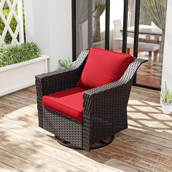 JOYSIDE Wicker Outdoor Rocking Chair Patio Swivel Chair with Red Cushion