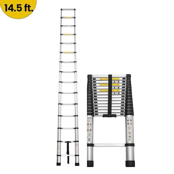 14.5 ft. Aluminum Telescopic Extension Ladder, Portable Multi-Purpose for Indoor Outdoor Work, Heavy Duty 300 lbs. Load