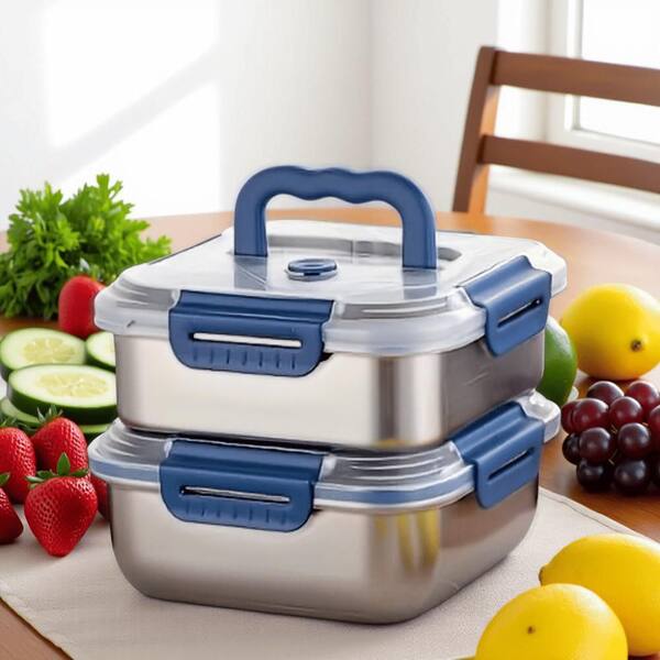 2 Pack Extra Large Stainless Steel Food Storage Containers with Blue Airtight Lids