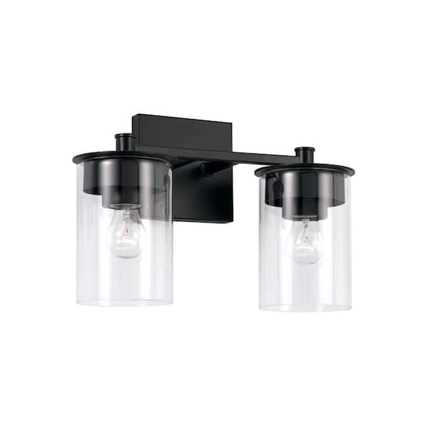 14 in. W x 9 in. H 2-Light Vanity Light in Matte Black with Clear Glass