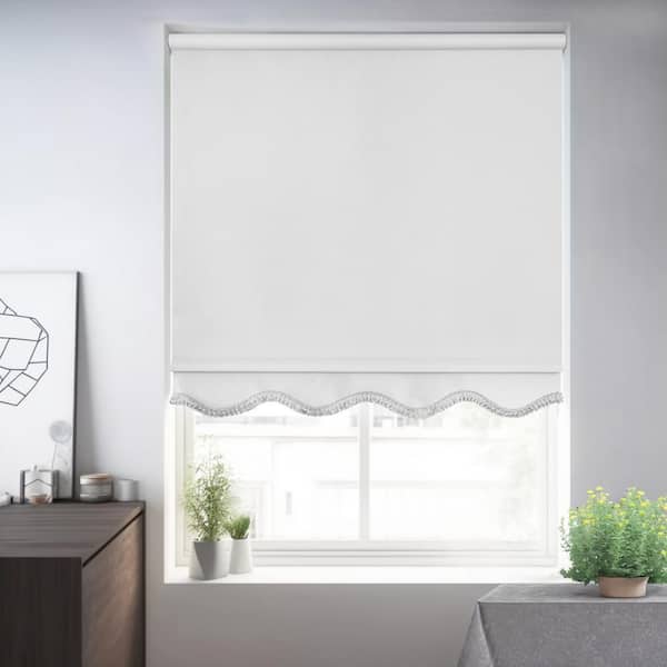 Chicology Fringe White Solid Cordless Blackout Privacy Vinyl Roller Shade 22 in. W x 64 in. L