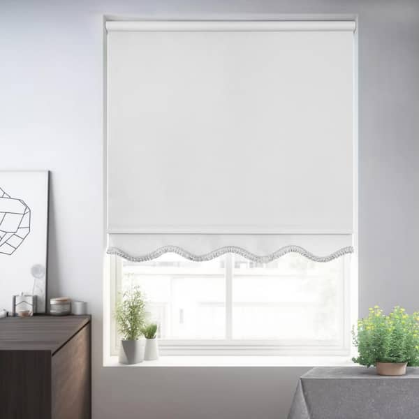 Fringe White Solid Cordless Blackout Privacy Vinyl Roller Shade 57.5 in. W x 64 in. L