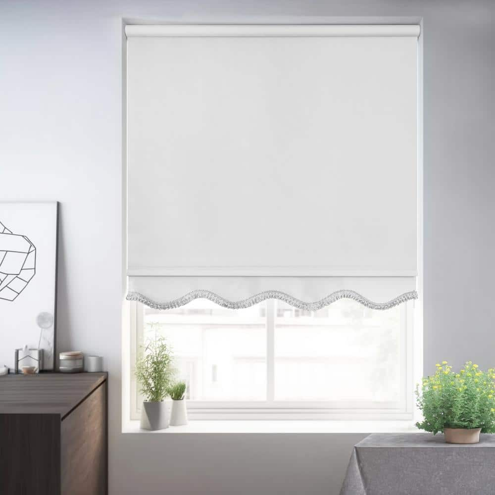 Chicology Fringe White Solid Cordless Blackout Privacy Vinyl Roller Shade 60 in. W x 64 in. L