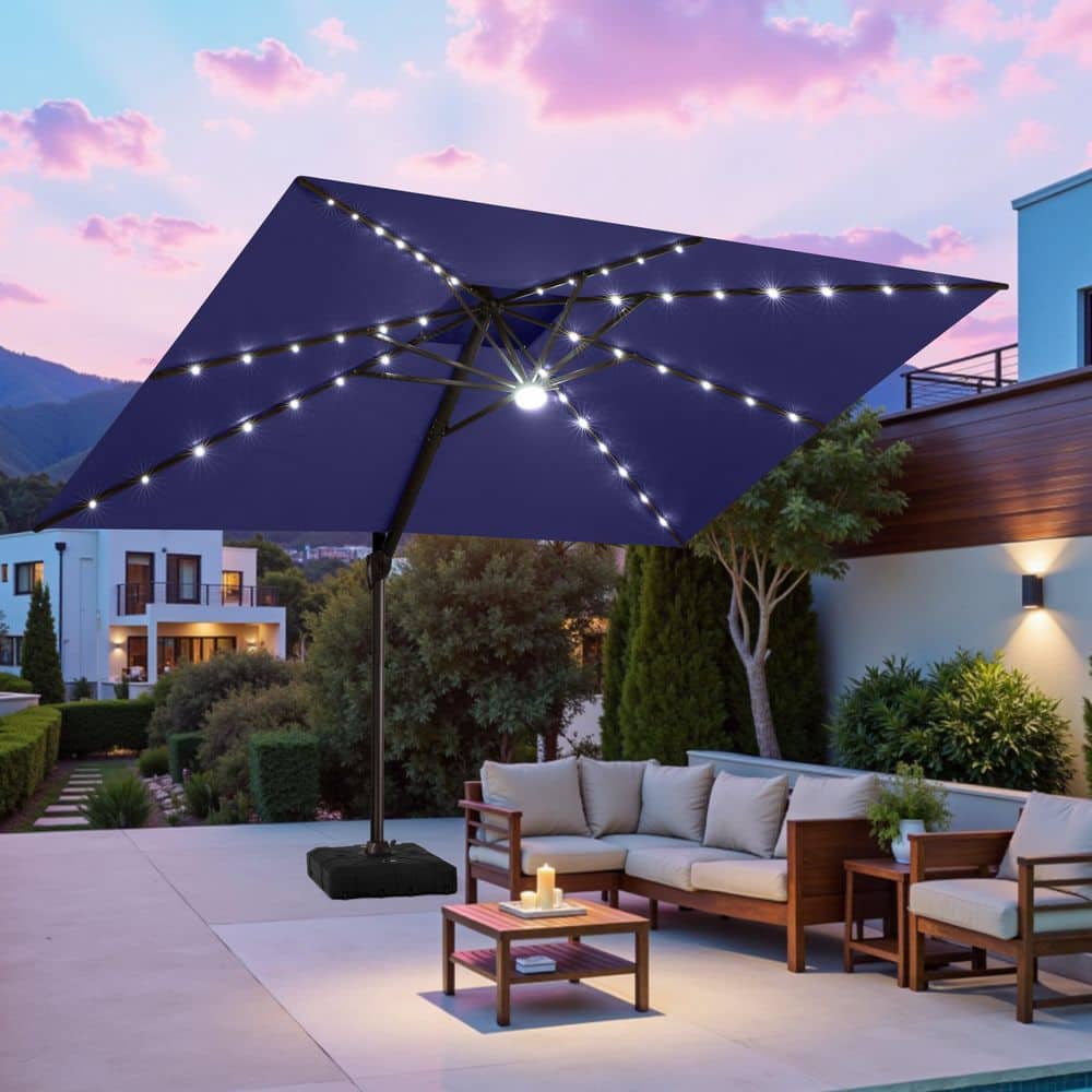 9 ft. x 11 ft. LED Rectangular Swivel Double Cantilever Tilt Patio Umbrella in Navy Blue with 260 lb. HDPE Base price history on PriceWatchPro