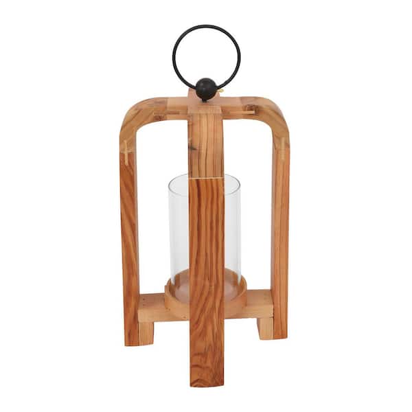 Natural Wood Brown Hurricane Candle Holder with Black Metal Handle