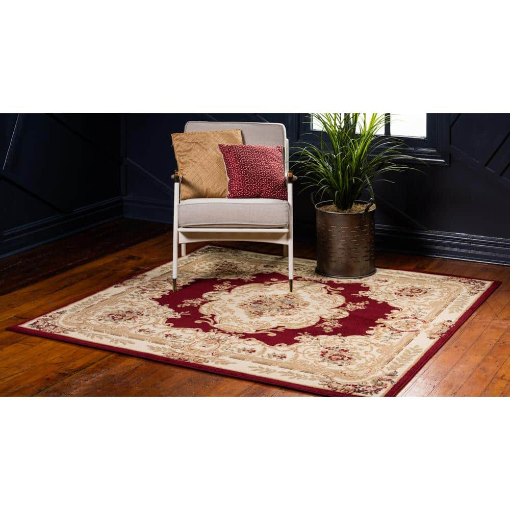 Elegant Versailles Red Square Synthetic Rug, 6'x6', Stain-Resistant