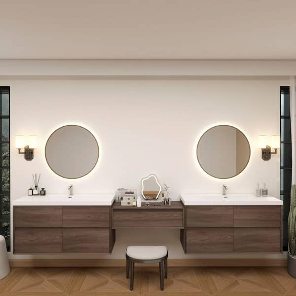Kingdee 130 in. W x 20 in. D x 26 in. H Double Sink Middle Table Counter Bath Vanity in Red Oak with White Acrylic Top