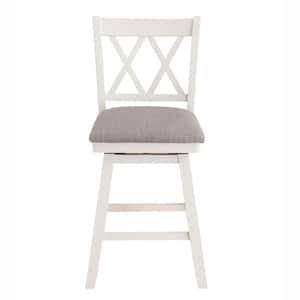 Brookline 24 in.White Cream High Back Wood 37.5 in. Swivel Counter Stool with Fabric Seat