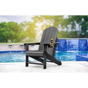 Heavy-Duty Grey Plastic Adirondack Chair with Extra Wide Seat, Taller Back, Cup-Holder, and 400 lb. Weight Capacity