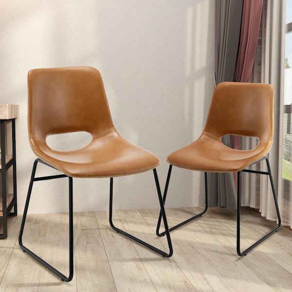 Unbranded 31.89 in. Whiskey Brown Low back Metal Frame Faux Leather Dining Chairs (Set of 2)