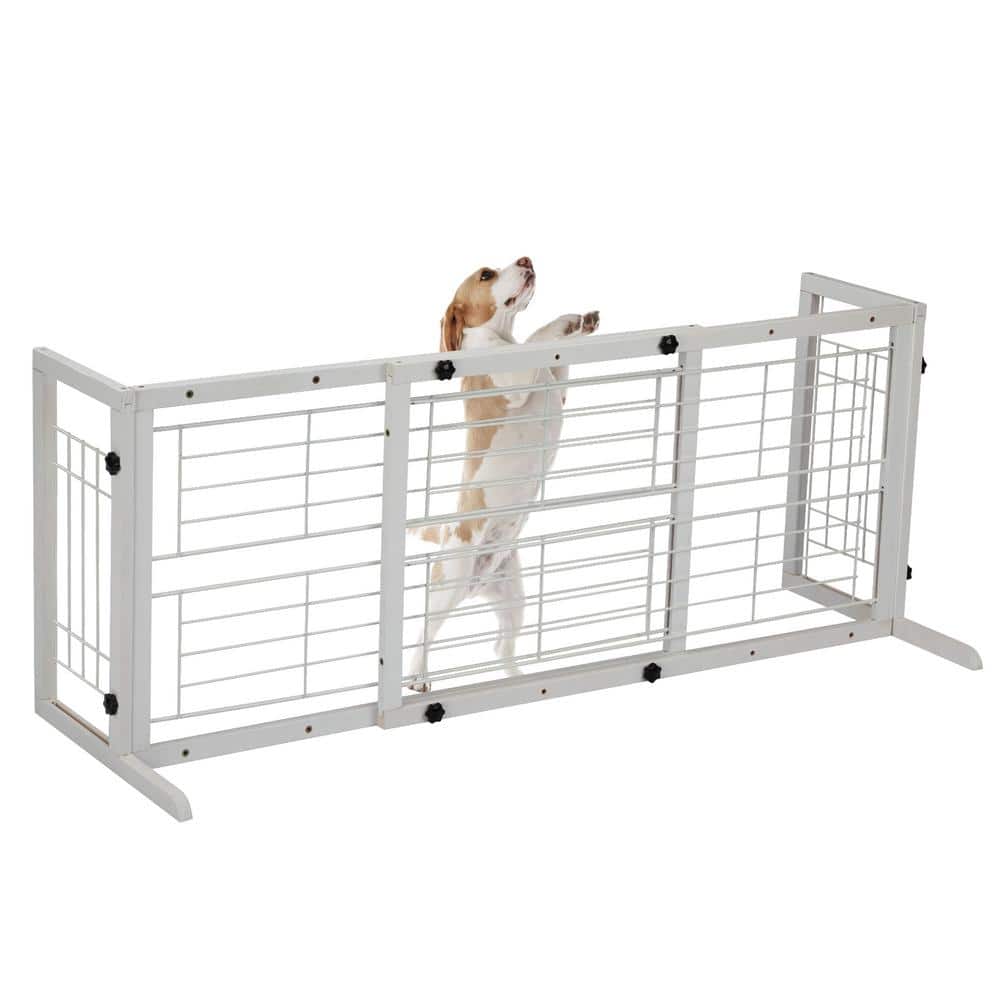 Adjustable White Pine Freestanding Dog Gate with Wire Mesh